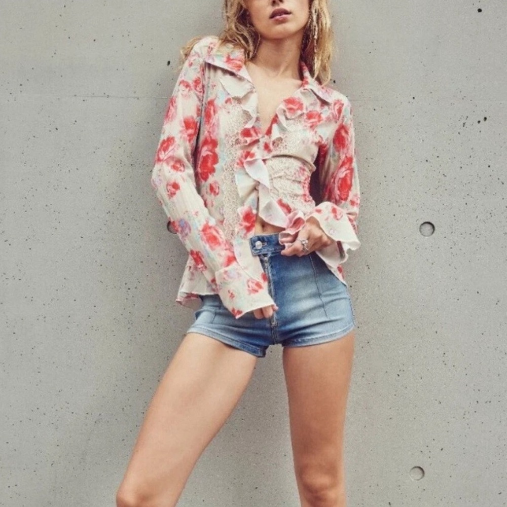 FREE PEOPLE Bad At Love Printed Blouse / Ivory Combo SMALL Floral Pink Boho